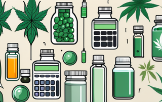 A calculator surrounded by various forms of cbd products like oils