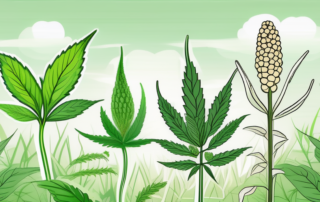 Several different types of hemp seeds nestled in a lush green field with a background of healthy