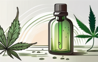A dropper bottle with cbd oil and a hemp leaf in the background