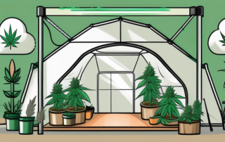 A weed tent setup with various cannabis plants inside