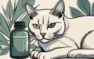 A cat contentedly lounging next to a bottle of hemp oil