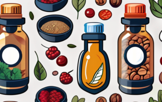 A bottle of linseed oil surrounded by various superfoods like berries