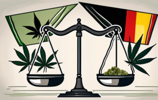 A symbolic balance scale with cannabis leaves on one side and a german flag on the other