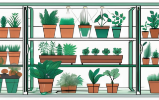A diy grow cabinet with various gardening tools and materials around it