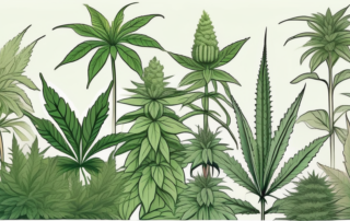 Various types of medical marijuana plants in a serene garden setting