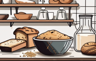 A bowl of hemp flour next to a few baked goods like bread and muffins