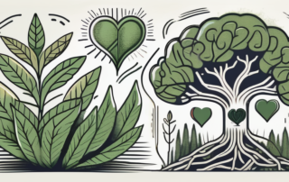 A hemp plant with various symbols of health and wellness