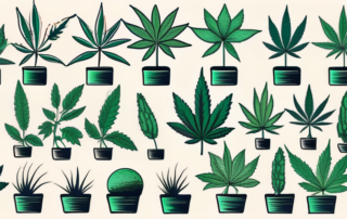 Various types of cannabis plants with medical symbols integrated subtly into their leaves and stems