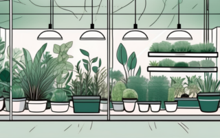 An indoor garden with various plants at different stages of growth