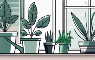 An indoor setting with potted cannabis plants near a window