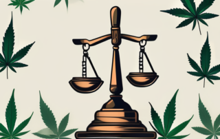 A balanced scale with cannabis leaves on one side and a gavel on the other