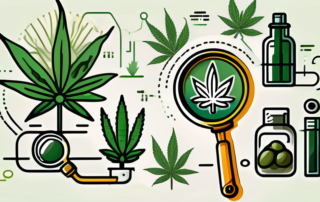 A cannabis plant with a magnifying glass focusing on a specific part of the plant
