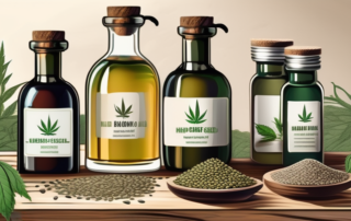 A variety of hemp seed oil bottles arranged on a rustic wooden table