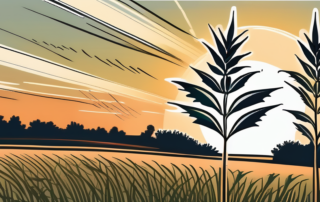 A mature hemp plant in a field with a setting sun in the background