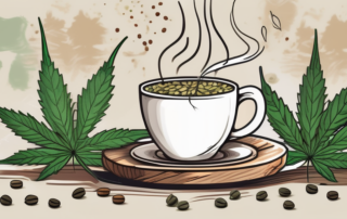 A steaming cup of tea with hemp leaves floating in it