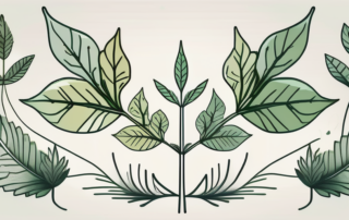 A hemp plant with various symbols of health like a heart