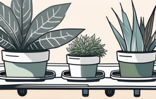 An assortment of plants in small pots sitting on a car dashboard