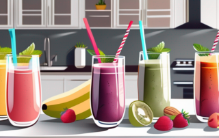 A variety of colourful protein smoothies in different shapes of glasses