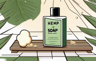 A bar of hemp soap surrounded by hemp leaves and bubbles