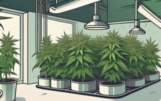 A lush cannabis plant growing in a well-equipped indoor cultivation setup