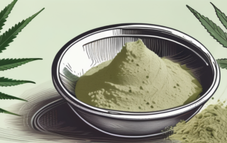 A scoop of hemp protein powder surrounded by hemp leaves