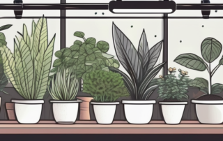 A complete indoor gardening setup with led lights highlighting various plants