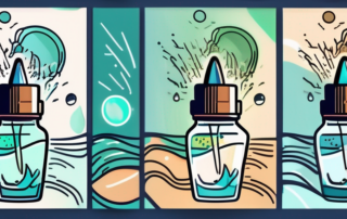 A cbd oil dropper with a few drops falling into a glass of water