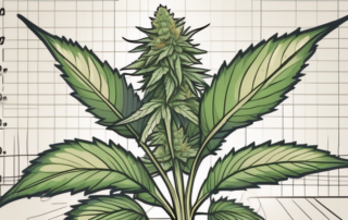 A mature cannabis plant with a ruler or measuring tape next to it to indicate its height