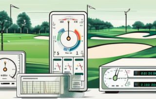 Several high-tech par-messgeräte (par measurement devices) with a lush golf course in the background to highlight their use in precision measurements