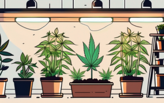 An indoor gardening setup with cannabis plants growing under special lights