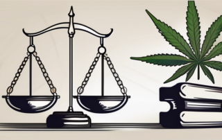 A balanced scale with a cannabis leaf on one side and a legal gavel on the other