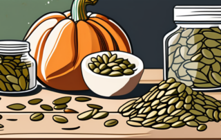 Various types of pumpkin seeds scattered on a wooden table