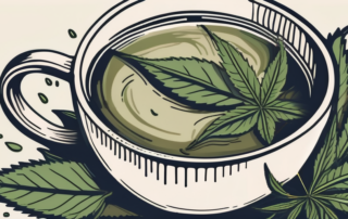 A steaming cup of hemp tea with hemp leaves scattered around it
