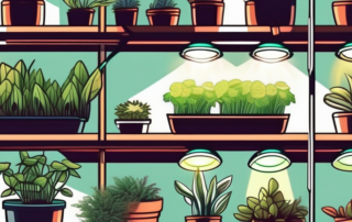 Several different models of led grow lights shining down on a variety of healthy