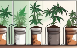 Several different types of soil in individual pots with cannabis plants growing indoors under a grow light