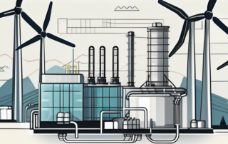 A modern power plant with various sections highlighted to show different energy sources like wind turbines