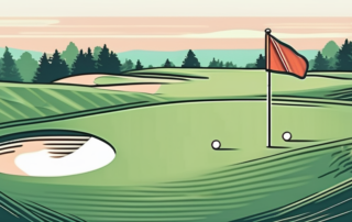 A golf course with a focus on the hole marked with a flag