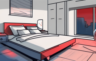 A bedroom at night with a bed bathed in a mixture of red and blue light