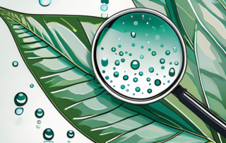 A magnifying glass focusing on tiny droplets of water on a leaf