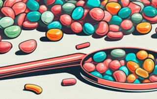 A pile of variously colored and shaped chewing gums