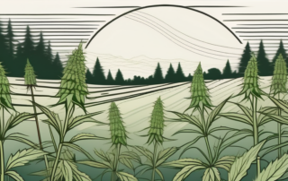 A few hemp plants growing in a field with the german flag subtly incorporated into the background