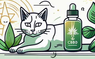 A contented cat lying next to a bottle of cbd oil