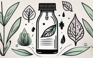 A dropper bottle of cbg oil surrounded by various symbols of health and wellness such as a leaf