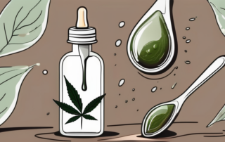 A dropper bottle of hemp oil with a few drops falling into a spoon