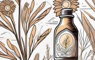 A bottle of flaxseed (leinöl) oil surrounded by flax plants