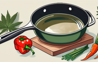 A bottle of hemp oil next to a frying pan with vegetables being sautéed