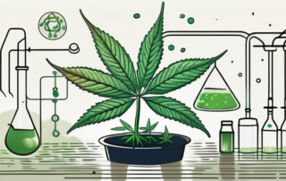 A hemp plant with droplets of oil extracting from it