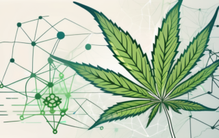 A cannabis leaf with molecular structures and chemical formulas representing cannabinol subtly incorporated into the design