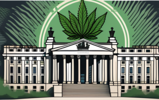 The german bundestag building with a cannabis leaf symbolically hovering above it