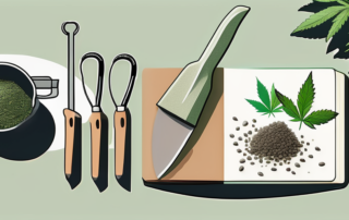 Various types of cannabis seeds scattered on a gardening table with a beginner's guidebook and basic gardening tools like a watering can and a small trowel